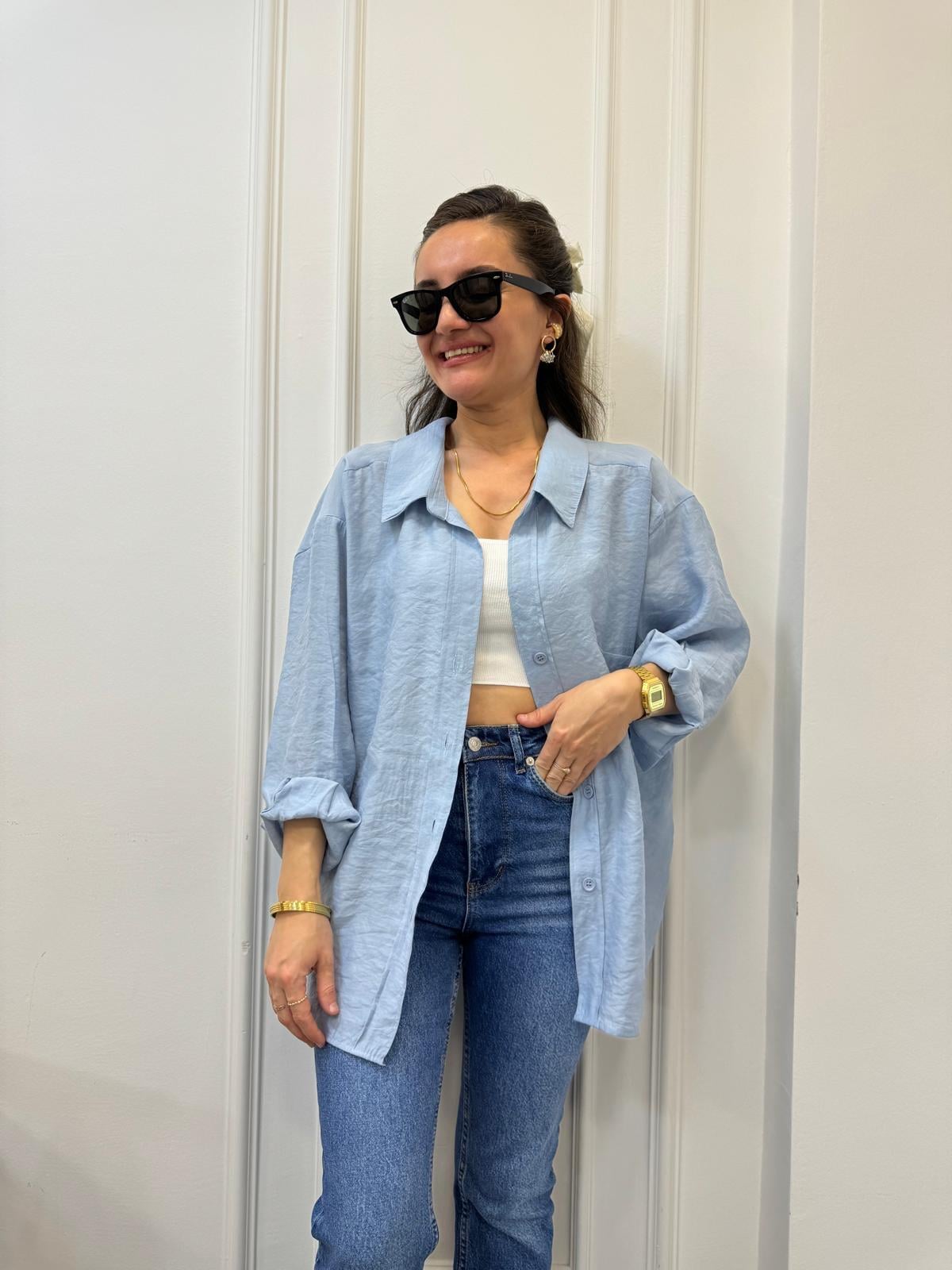Açık mavi Lüx Kalite Oversize Gömlek 4612