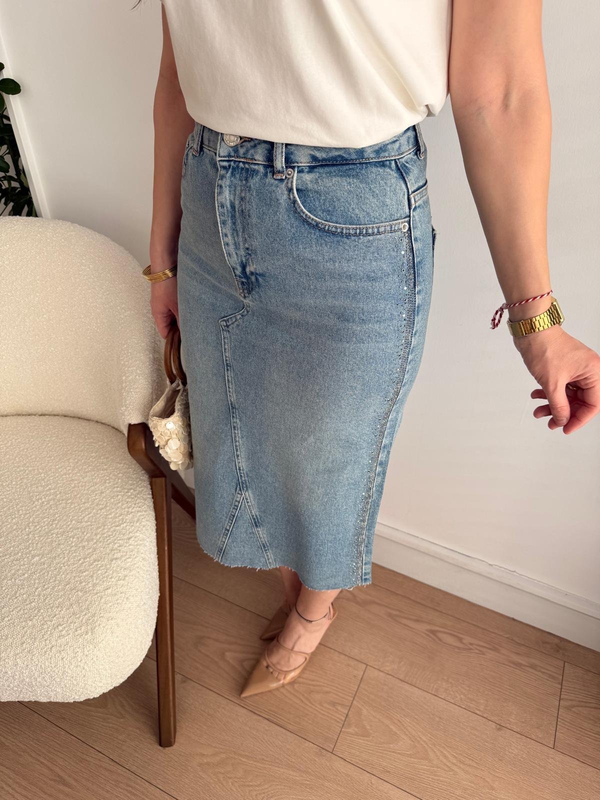 Açık mavi Taş Detaylı Cepli Denim Etek 1073