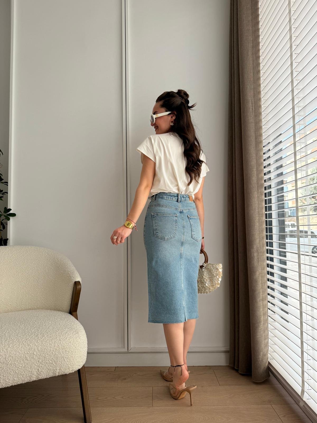 Açık mavi Taş Detaylı Cepli Denim Etek 1073