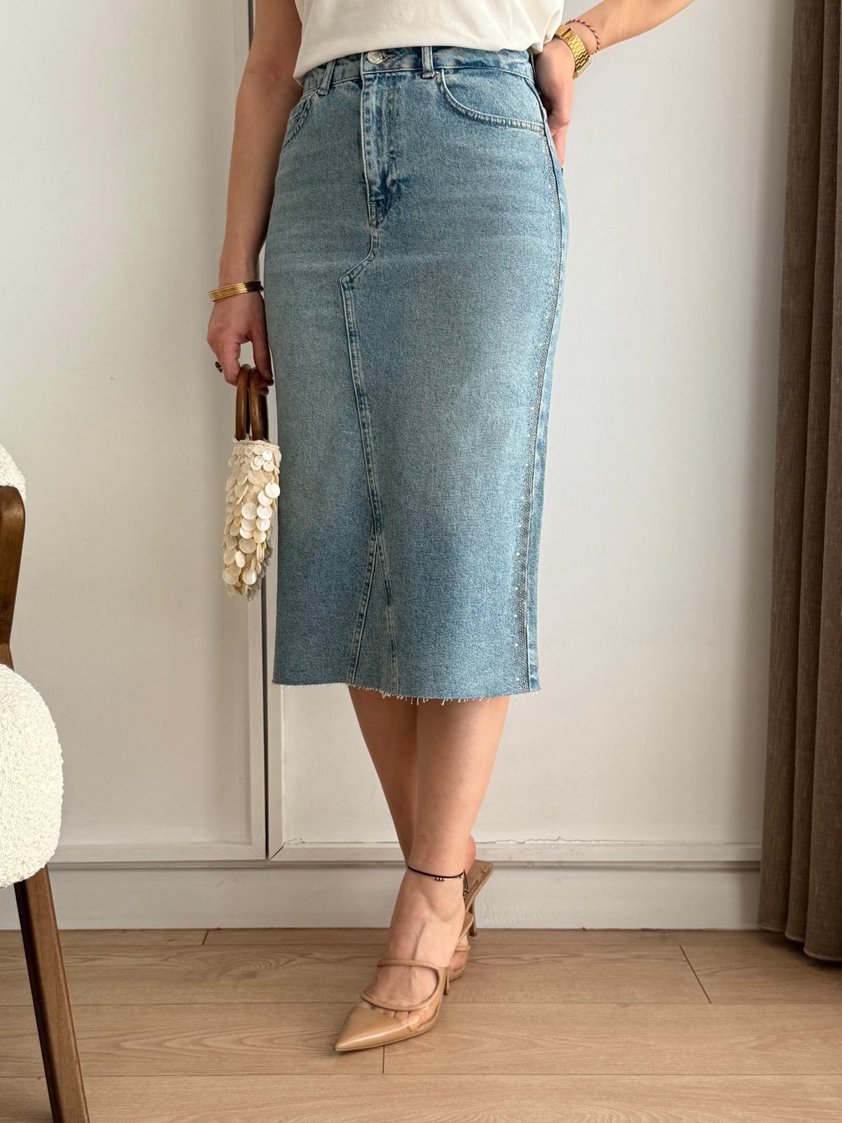 Açık mavi Taş Detaylı Cepli Denim Etek 1073