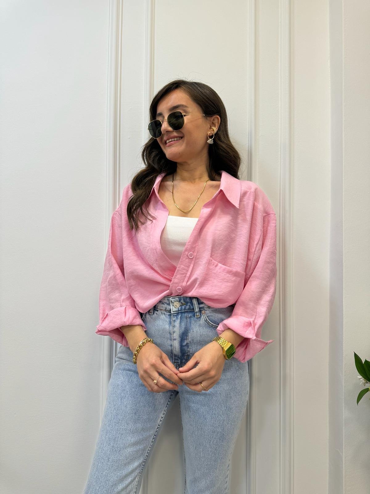 Açık pembe Lüx Kalite Oversize Gömlek 4612