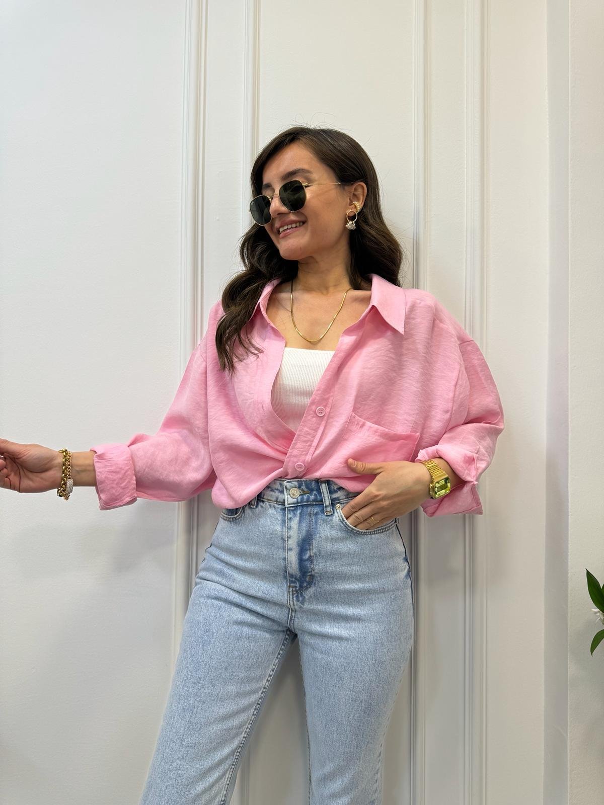 Açık pembe Lüx Kalite Oversize Gömlek 4612