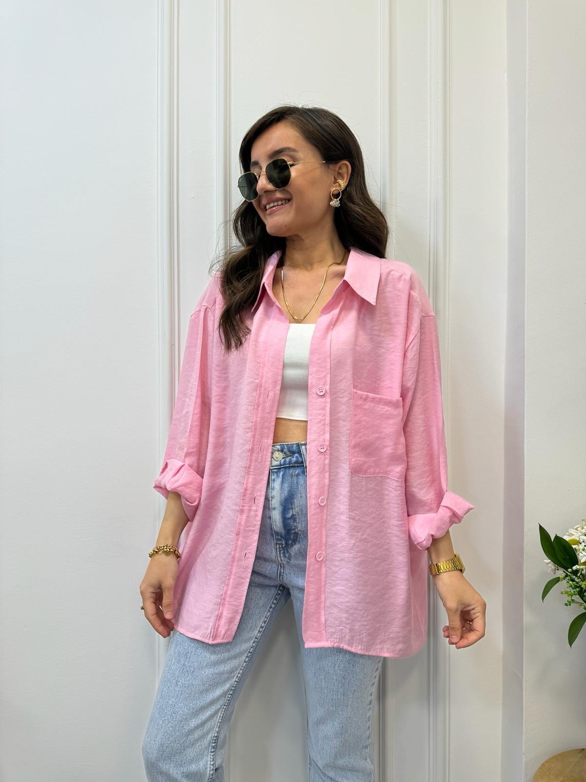 Açık pembe Lüx Kalite Oversize Gömlek 4612