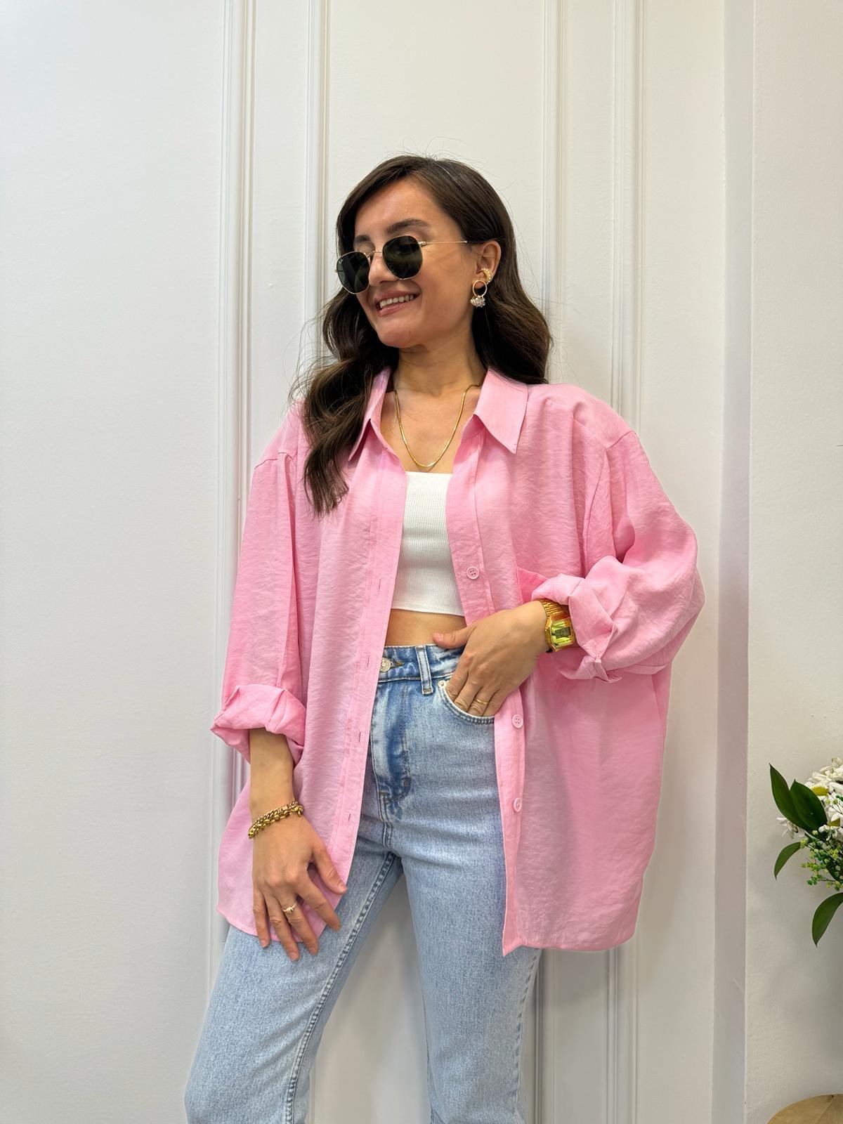 Açık pembe Lüx Kalite Oversize Gömlek 4612