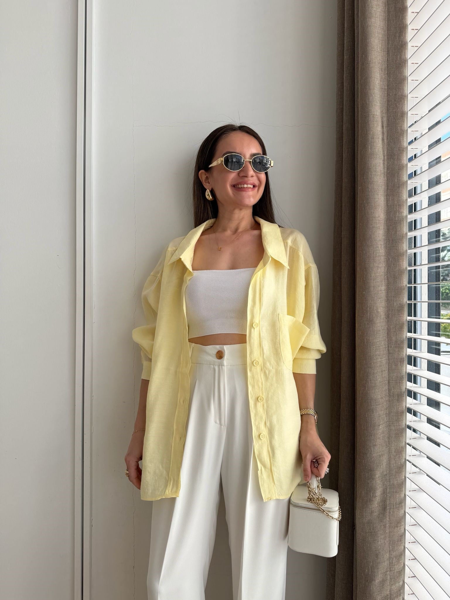 Açık sarı Lüx Kalite Oversize Gömlek 4612