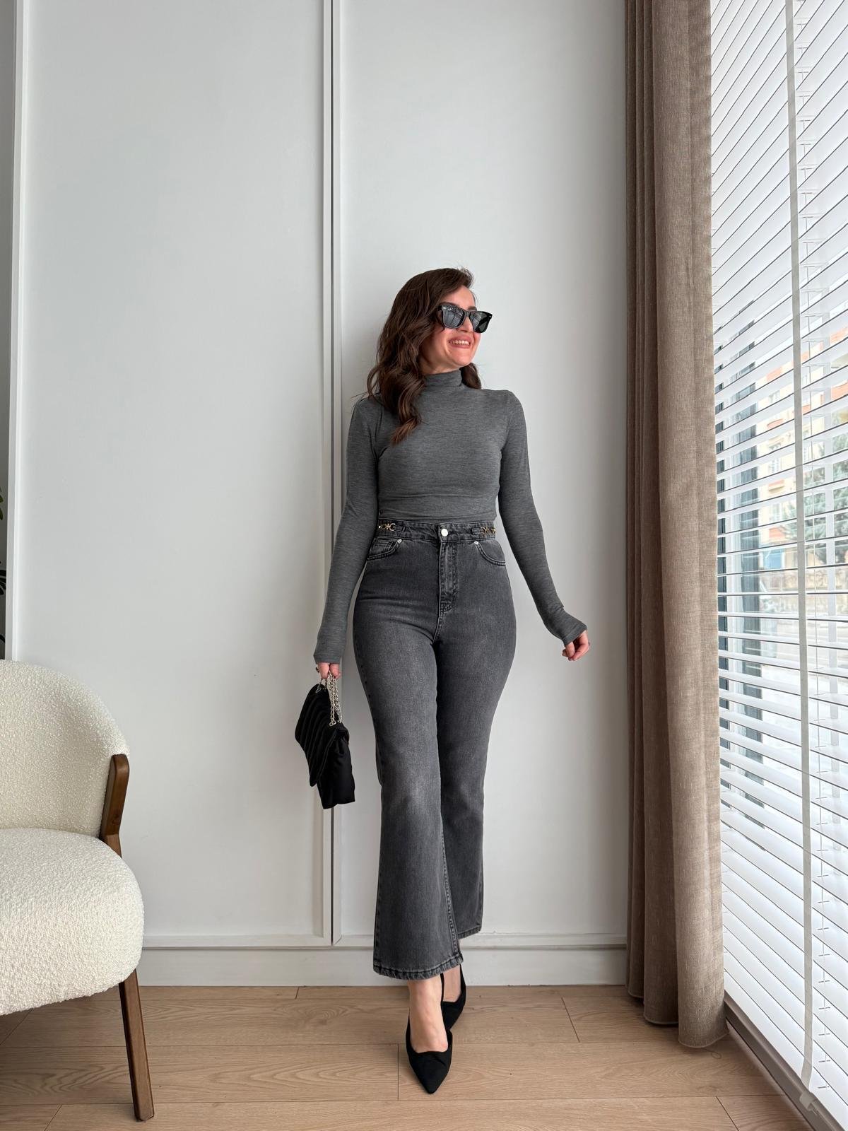 Antrasit Bel Toka Detaylı Flare Jean 251002