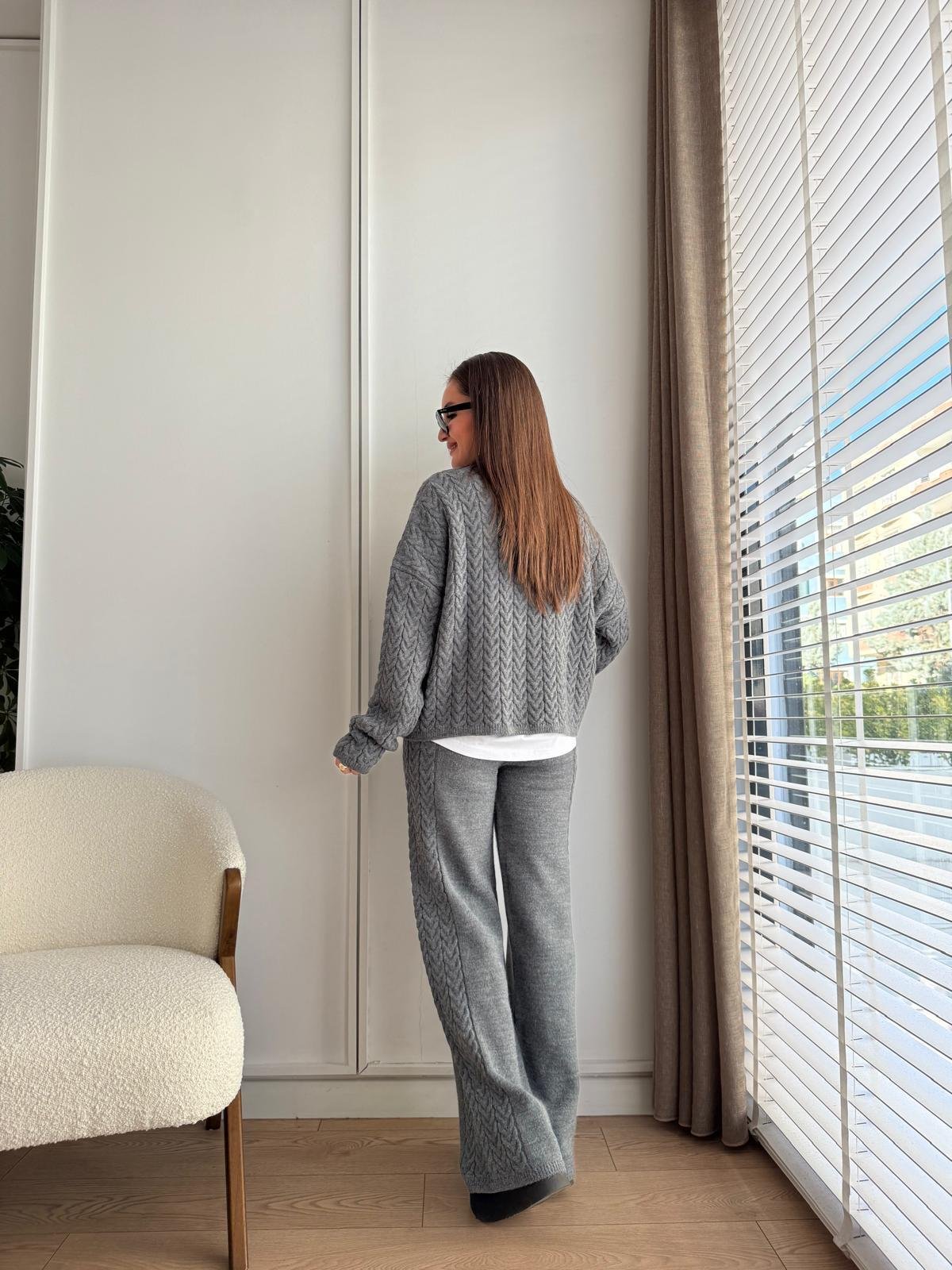Antrasit Bisiklet Yaka Saç Örgü Triko Takım 0989