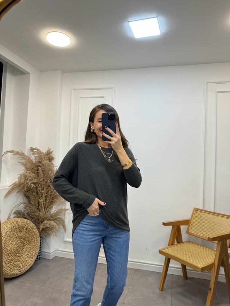 Antrasit Bisiklet Yaka Yumoş Triko Bluz 0050