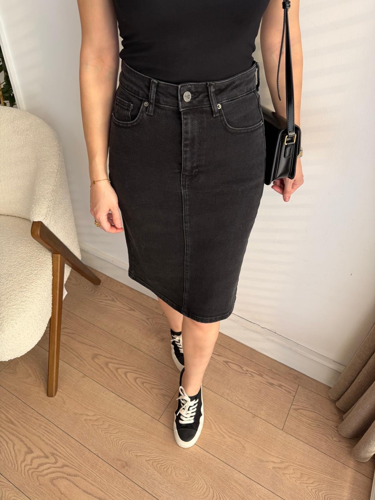 Antrasit Cepli Denim Etek 1039
