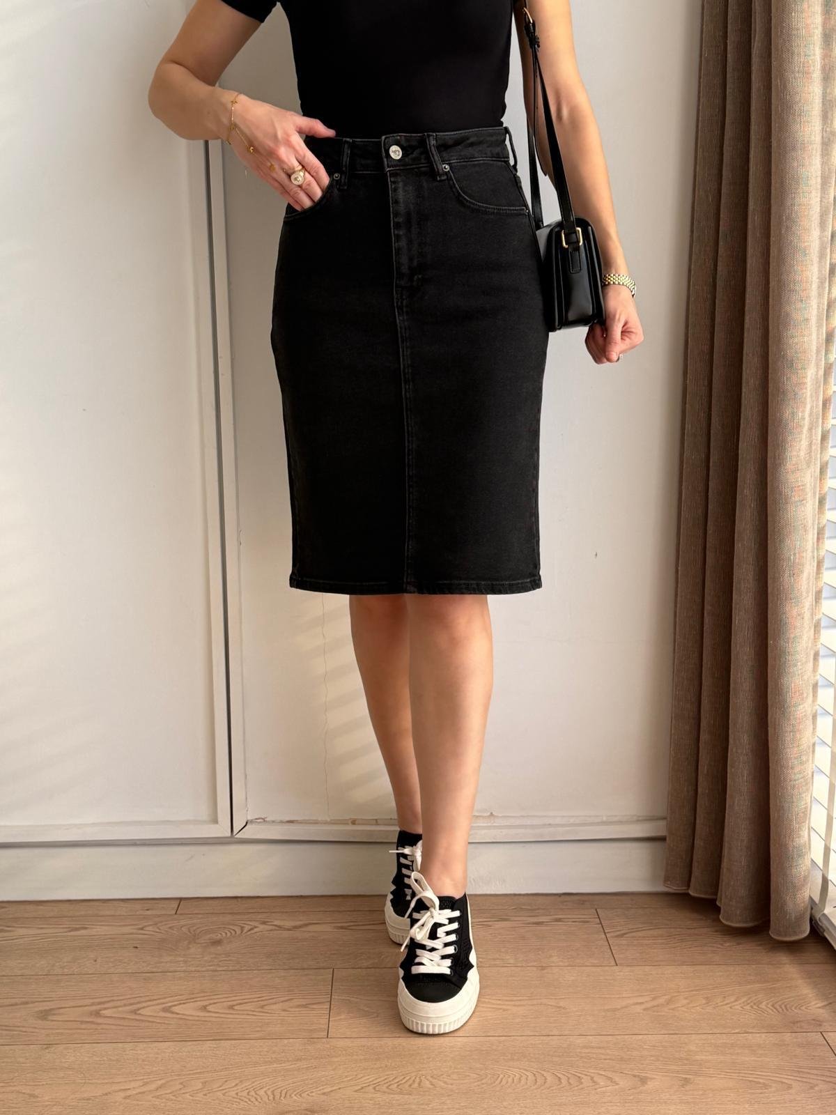 Antrasit Cepli Denim Etek 1039