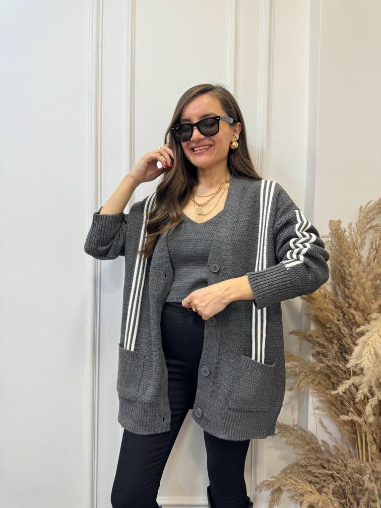 Antrasit Çizgili Crop Hırka Takım 0023