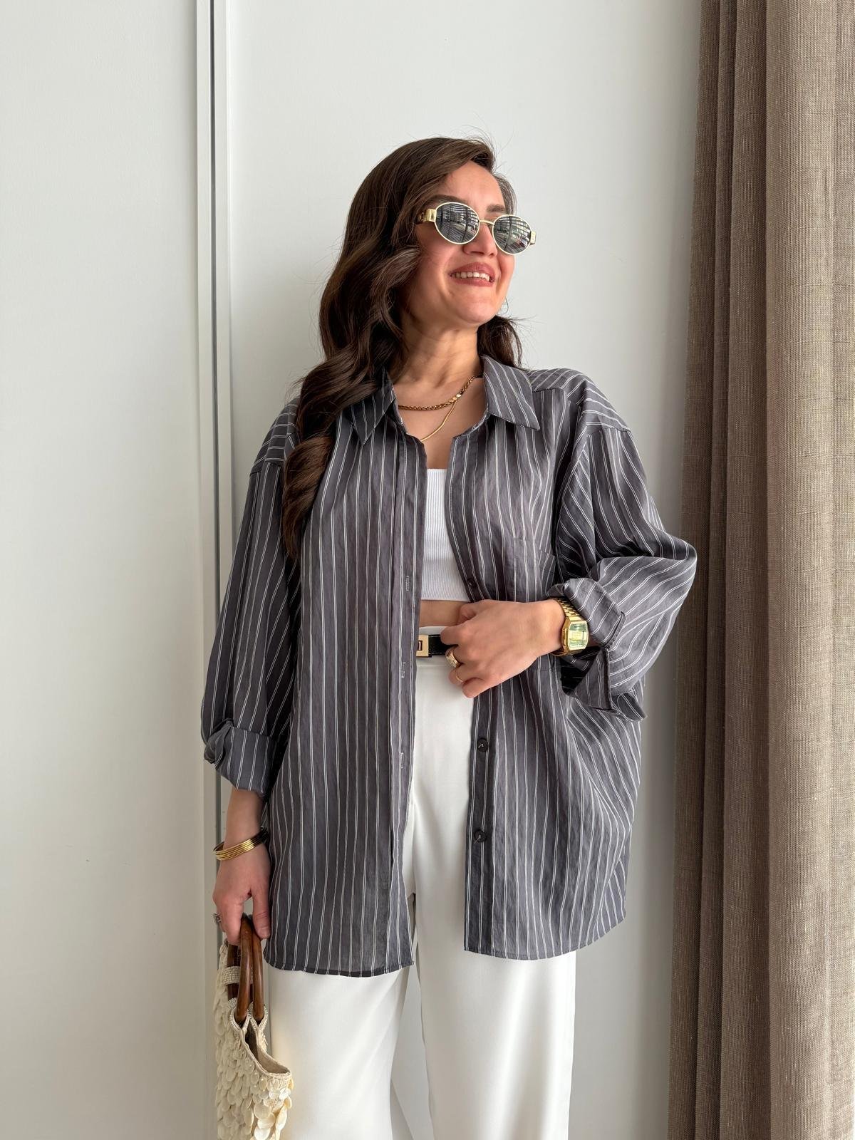 Antrasit Çizgili Oversize Gömlek 5320