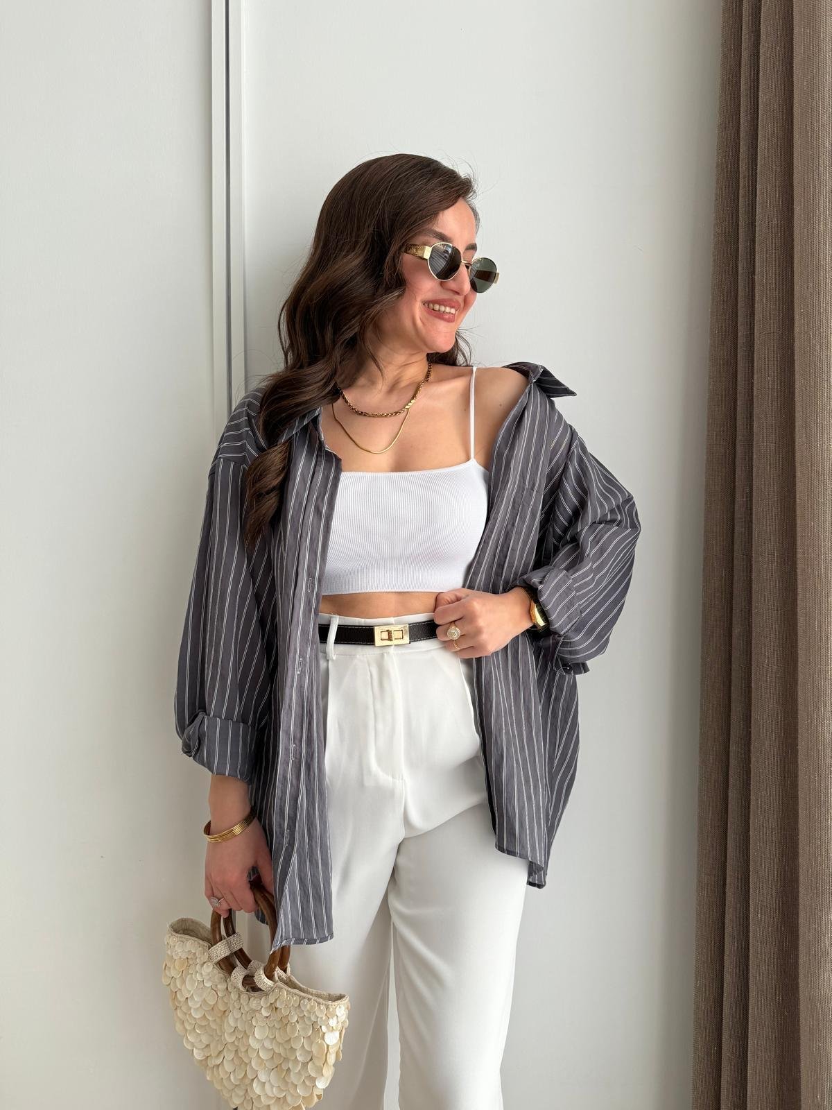 Antrasit Çizgili Oversize Gömlek 5320