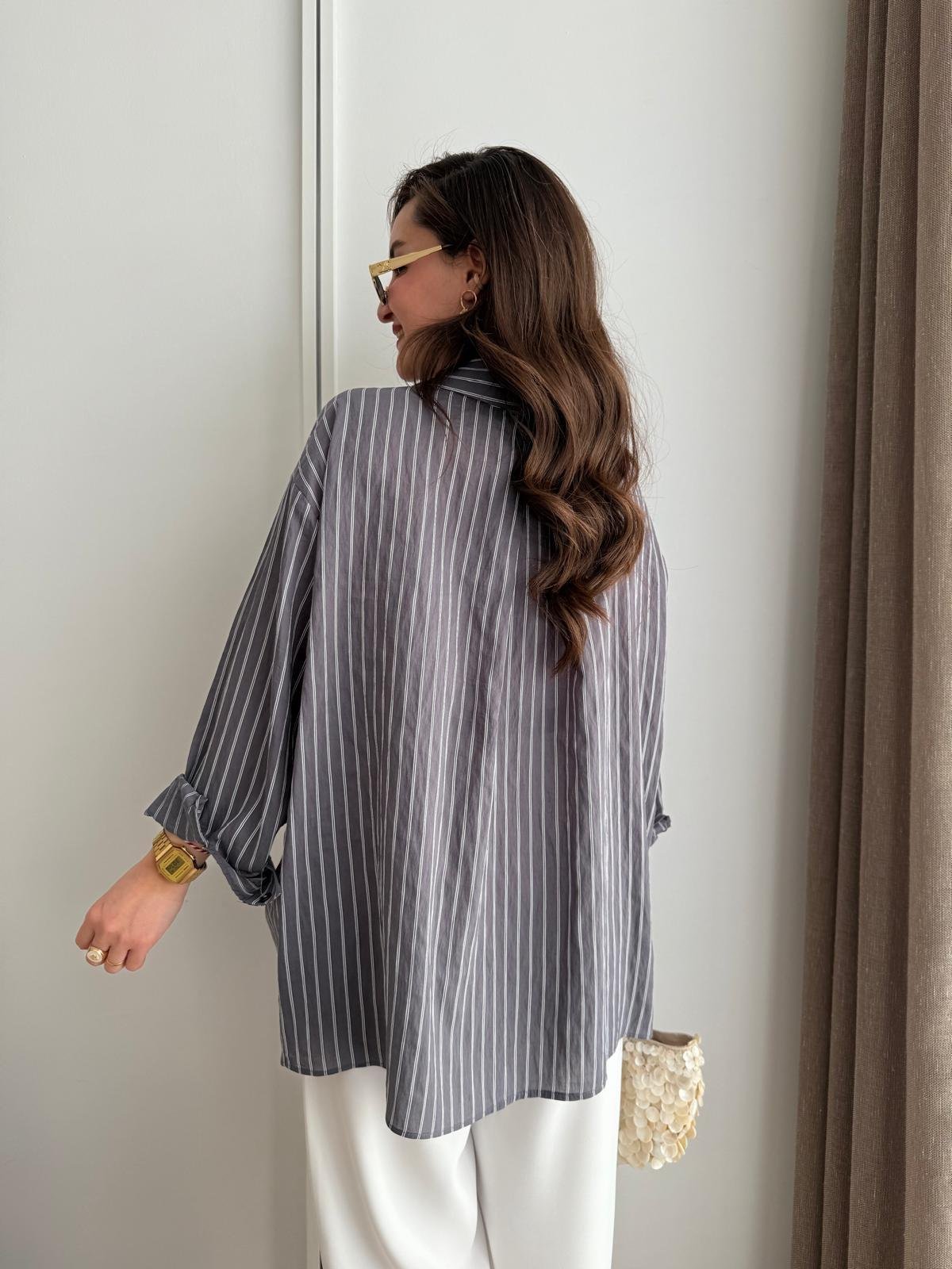 Antrasit Çizgili Oversize Gömlek 5320