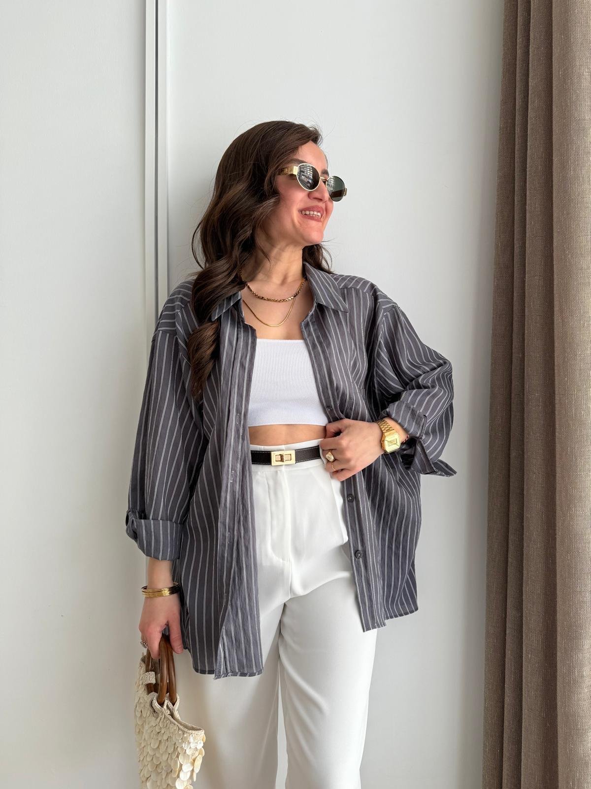 Antrasit Çizgili Oversize Gömlek 5320