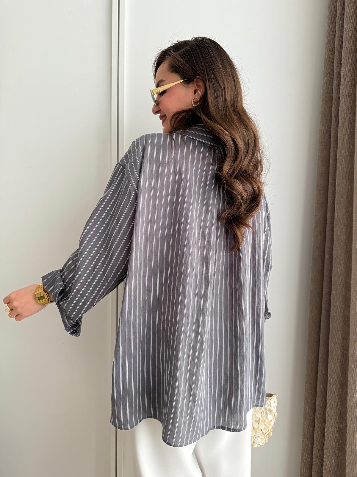Antrasit Çizgili Oversize Gömlek 5320