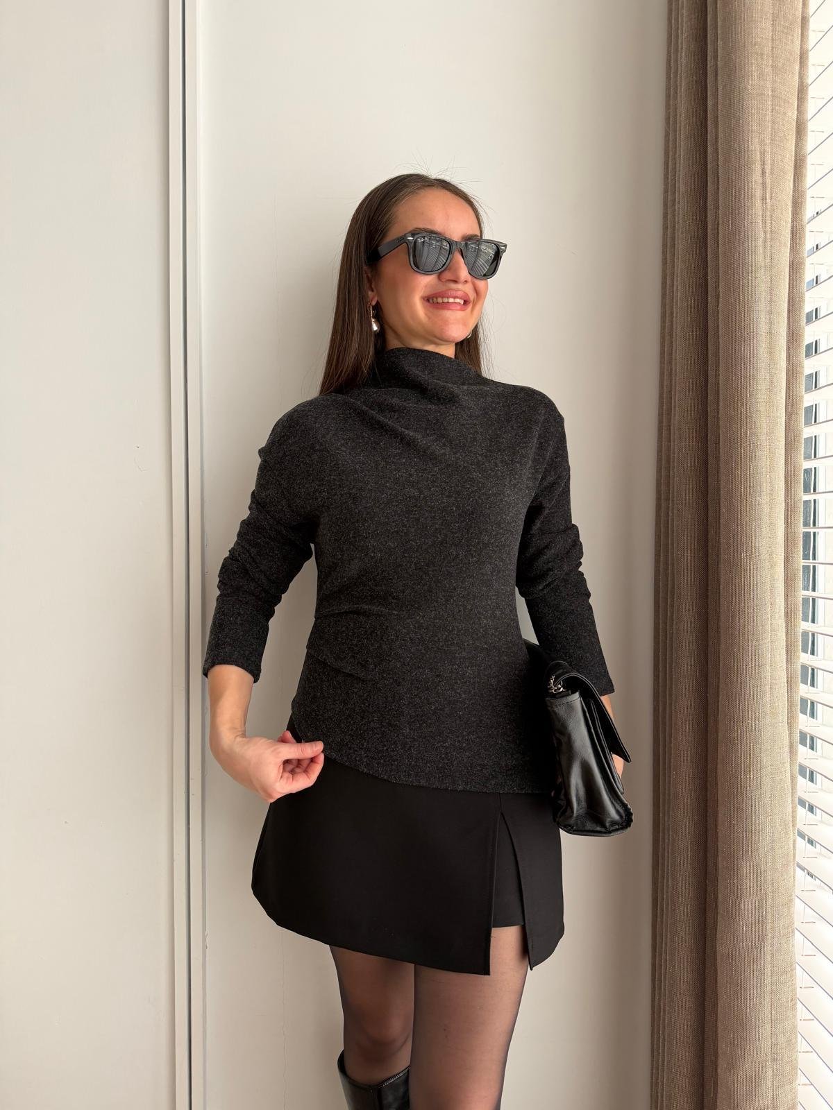 Antrasit Drape Detaylı Selanik Kumaş Bluz 17286