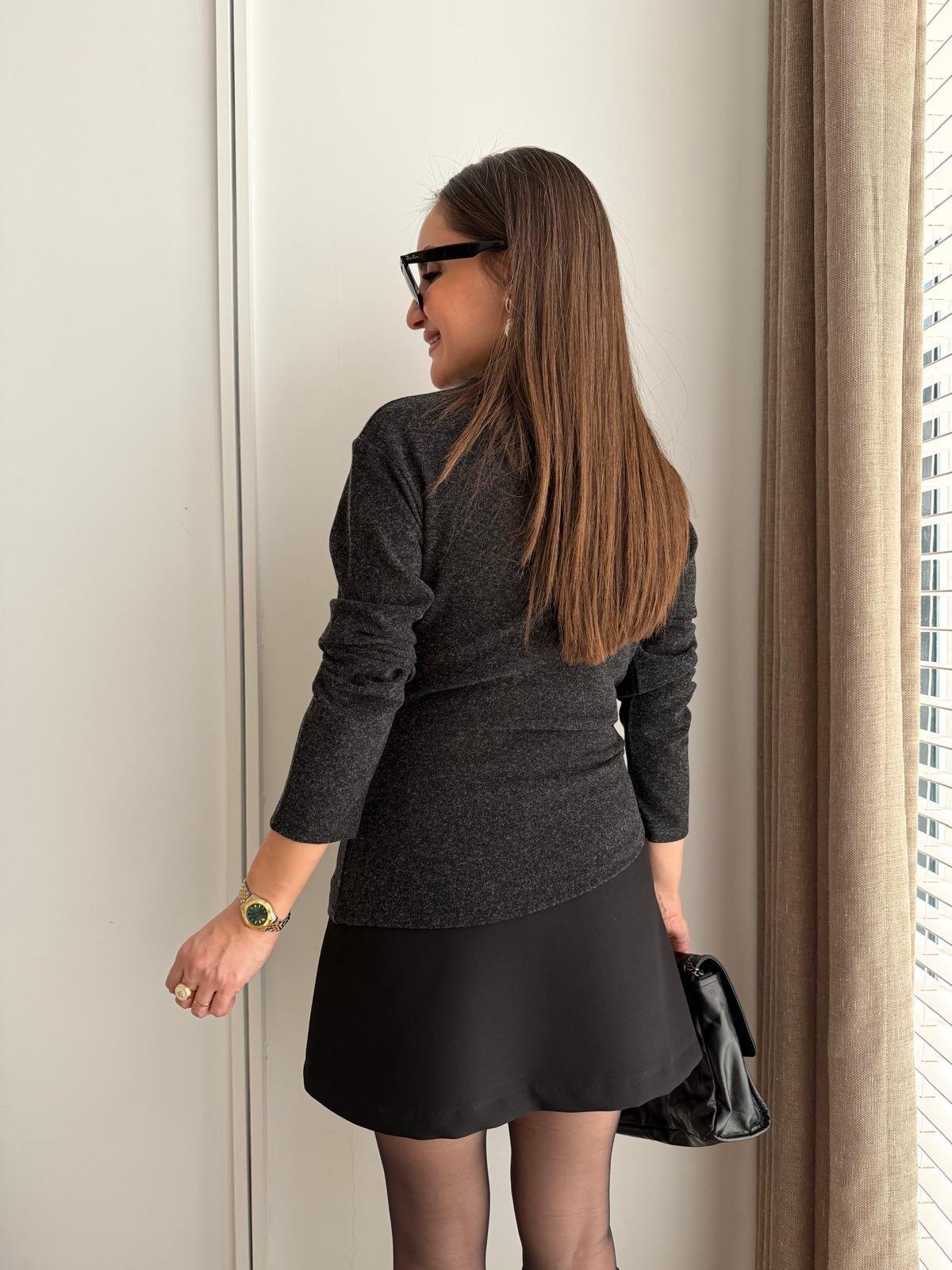 Antrasit Drape Detaylı Selanik Kumaş Bluz 17286