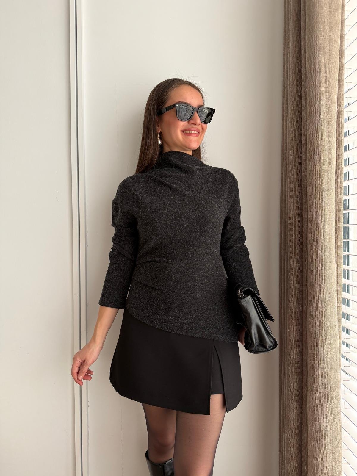Antrasit Drape Detaylı Selanik Kumaş Bluz 17286