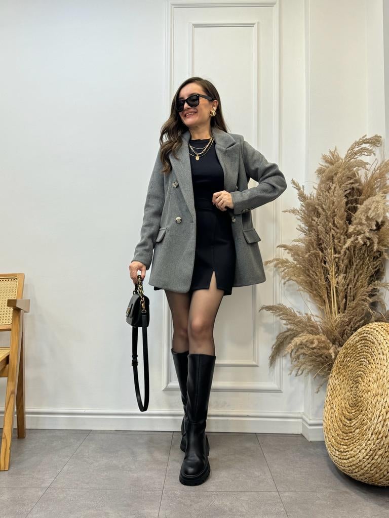 Antrasit Düğme Detaylı Kaşe Blazer Ceket 2047