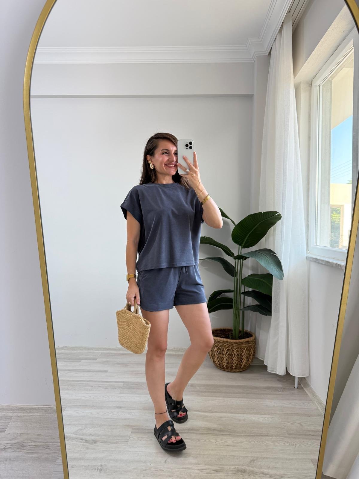 Antrasit Düşük Omuz Bluz Şort Takım 7247