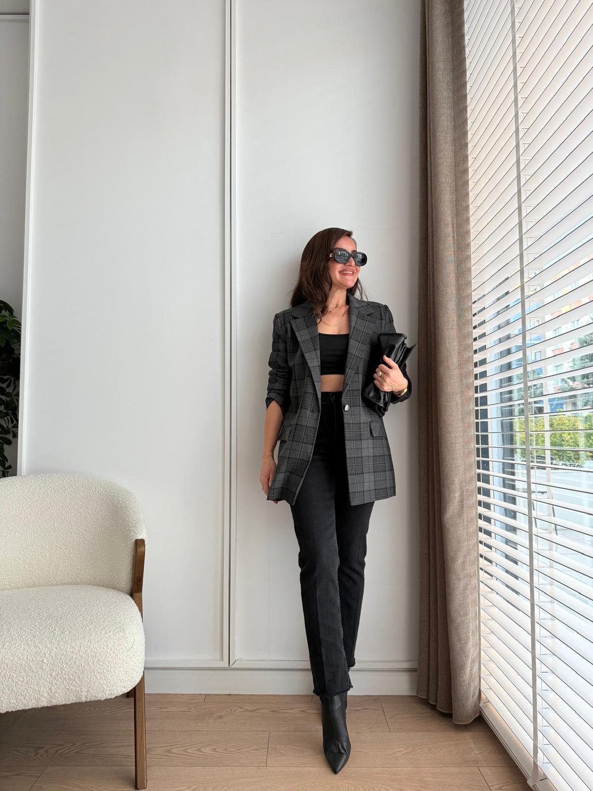 Antrasit Ekose Desen Blazer Ceket 0391