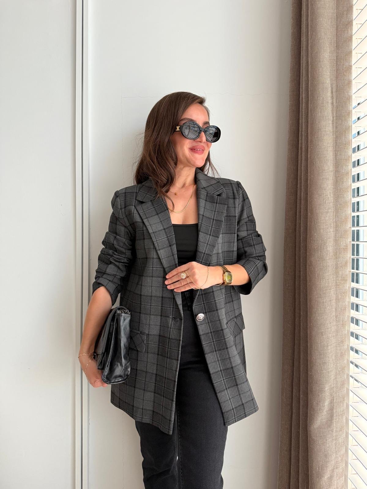 Antrasit Ekose Desen Blazer Ceket 0391