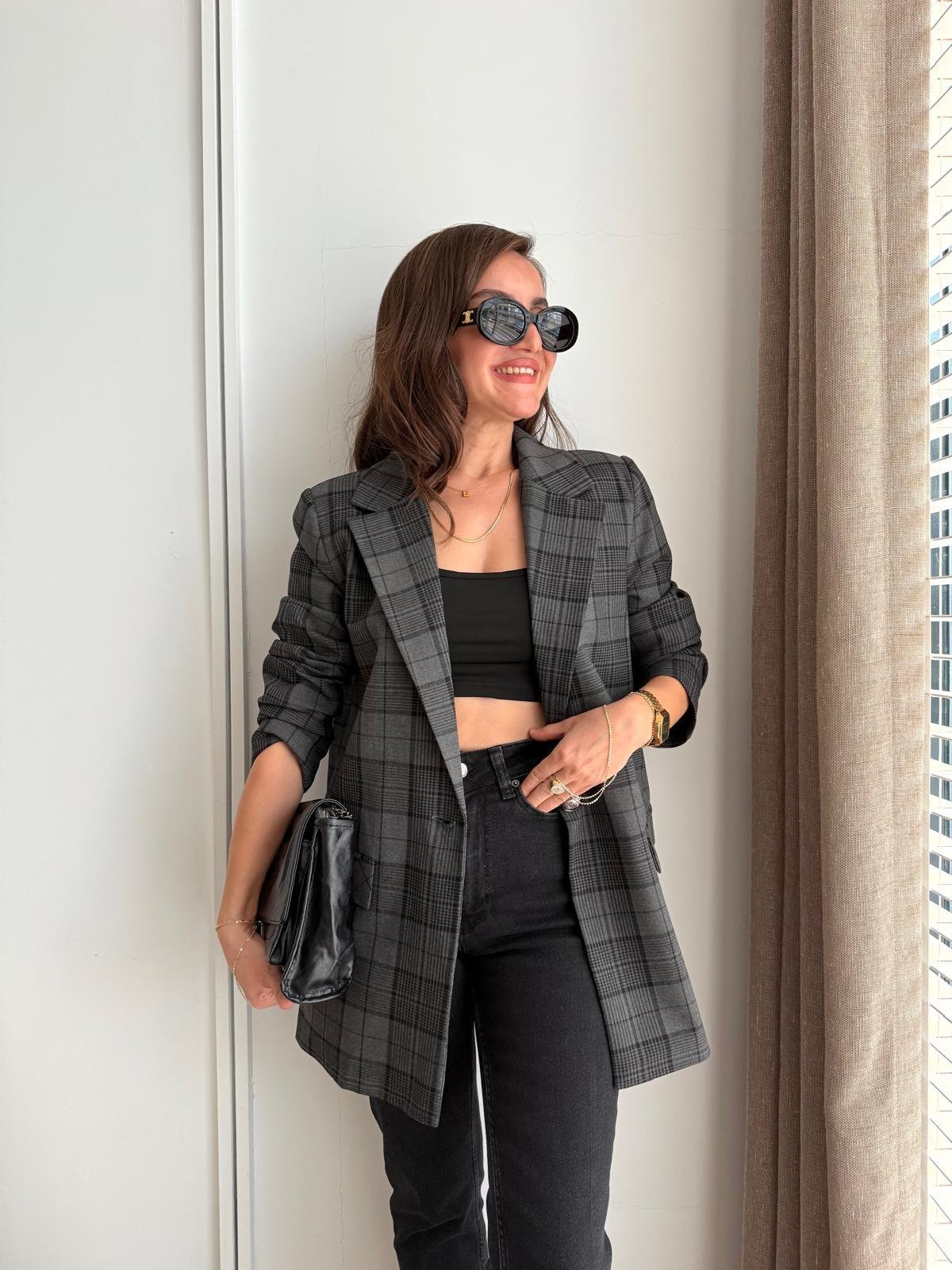 Antrasit Ekose Desen Blazer Ceket 0391