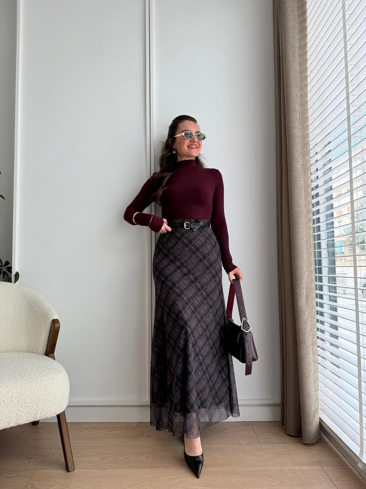 Antrasit Ekose Desen Tül Etek 4065