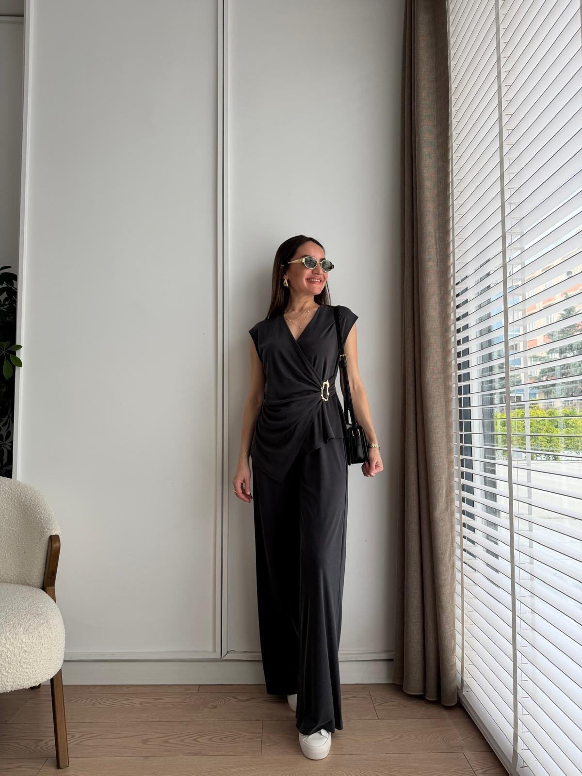 Antrasit Gold Tokalı Fitilli Bluz Pantolon Takım 39251