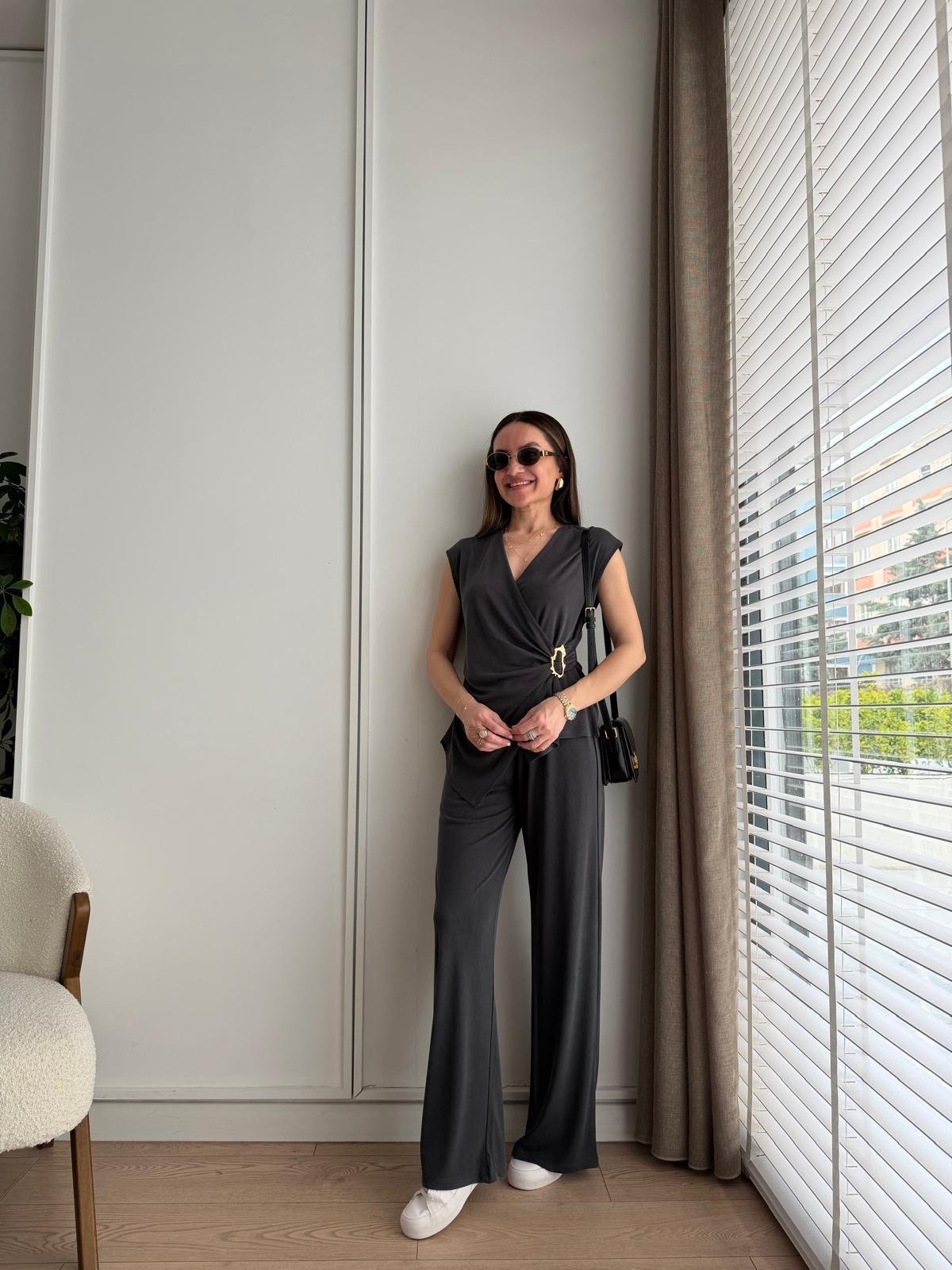 Antrasit Gold Tokalı Fitilli Bluz Pantolon Takım 39251