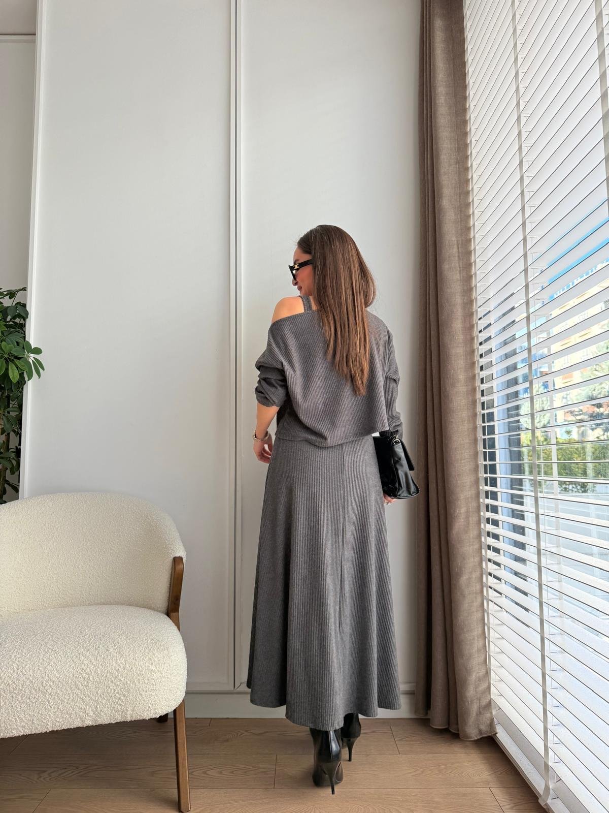 Antrasit Kalın Askılı Kloş Elbise Bluz Takım 7634