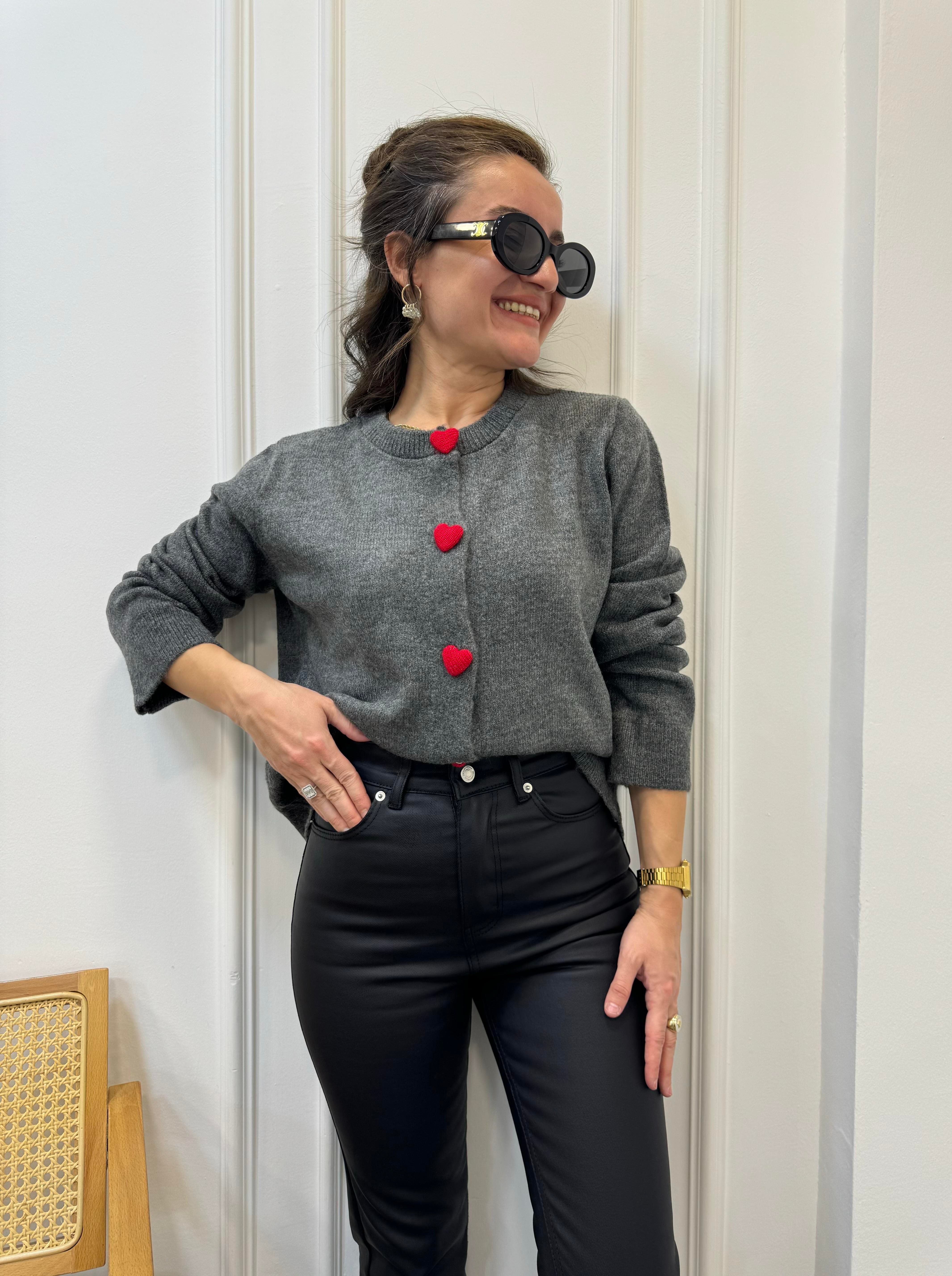 Antrasit Kalp Örme Düğmeli Triko Hırka 241075
