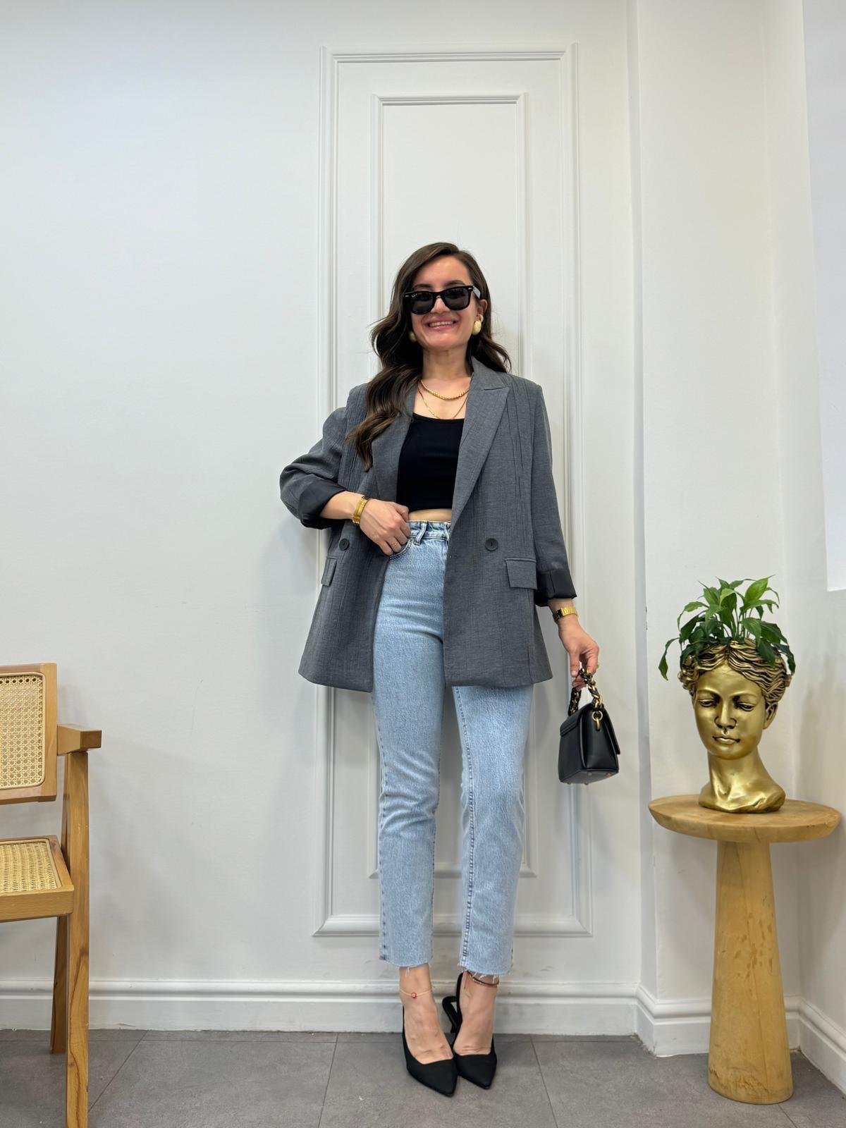 Antrasit Kendinden Desenli Blazer Ceket 2004