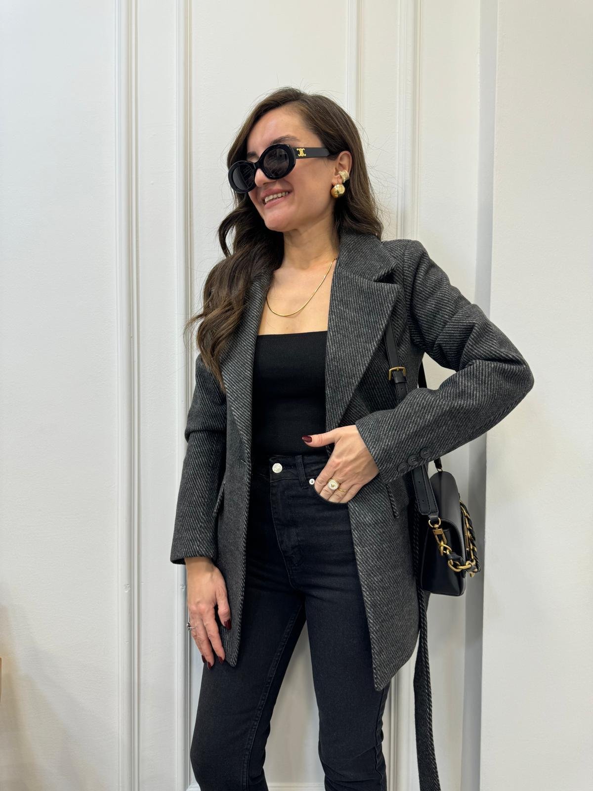 Antrasit Kendinden Desenli Kaşe Kuşaklı Blazer Ceket 2046