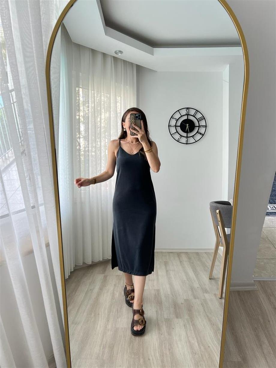 Antrasit Lüx Kalite Modal Kumaş Basic Elbise 0060