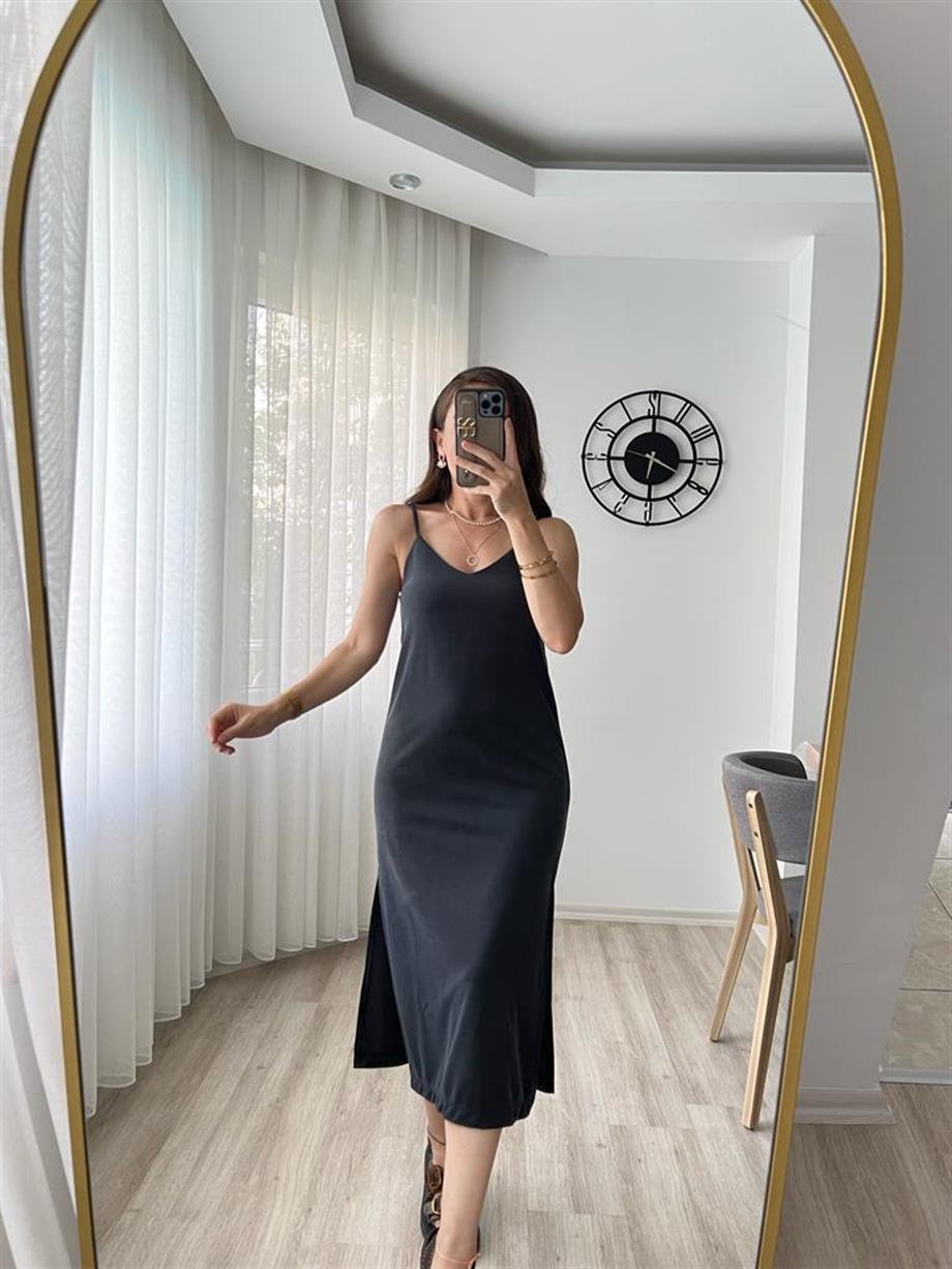 Antrasit Lüx Kalite Modal Kumaş Basic Elbise 0060