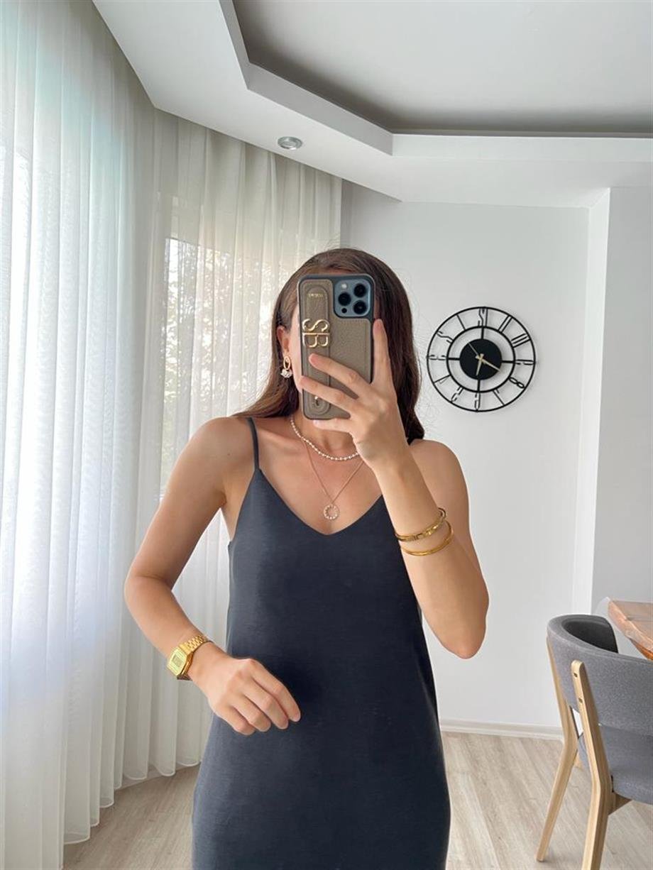 Antrasit Lüx Kalite Modal Kumaş Basic Elbise 0060