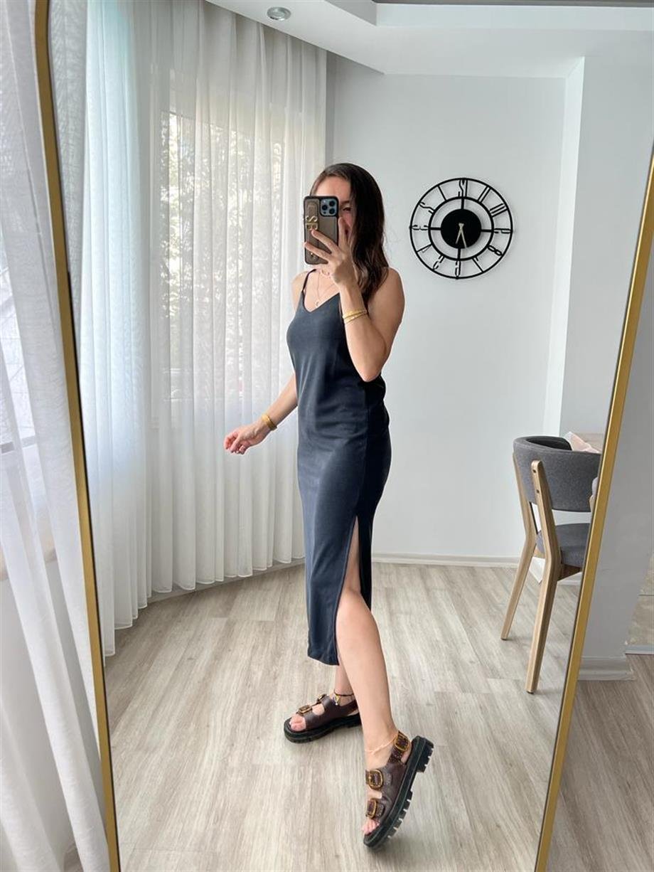 Antrasit Lüx Kalite Modal Kumaş Basic Elbise 0060