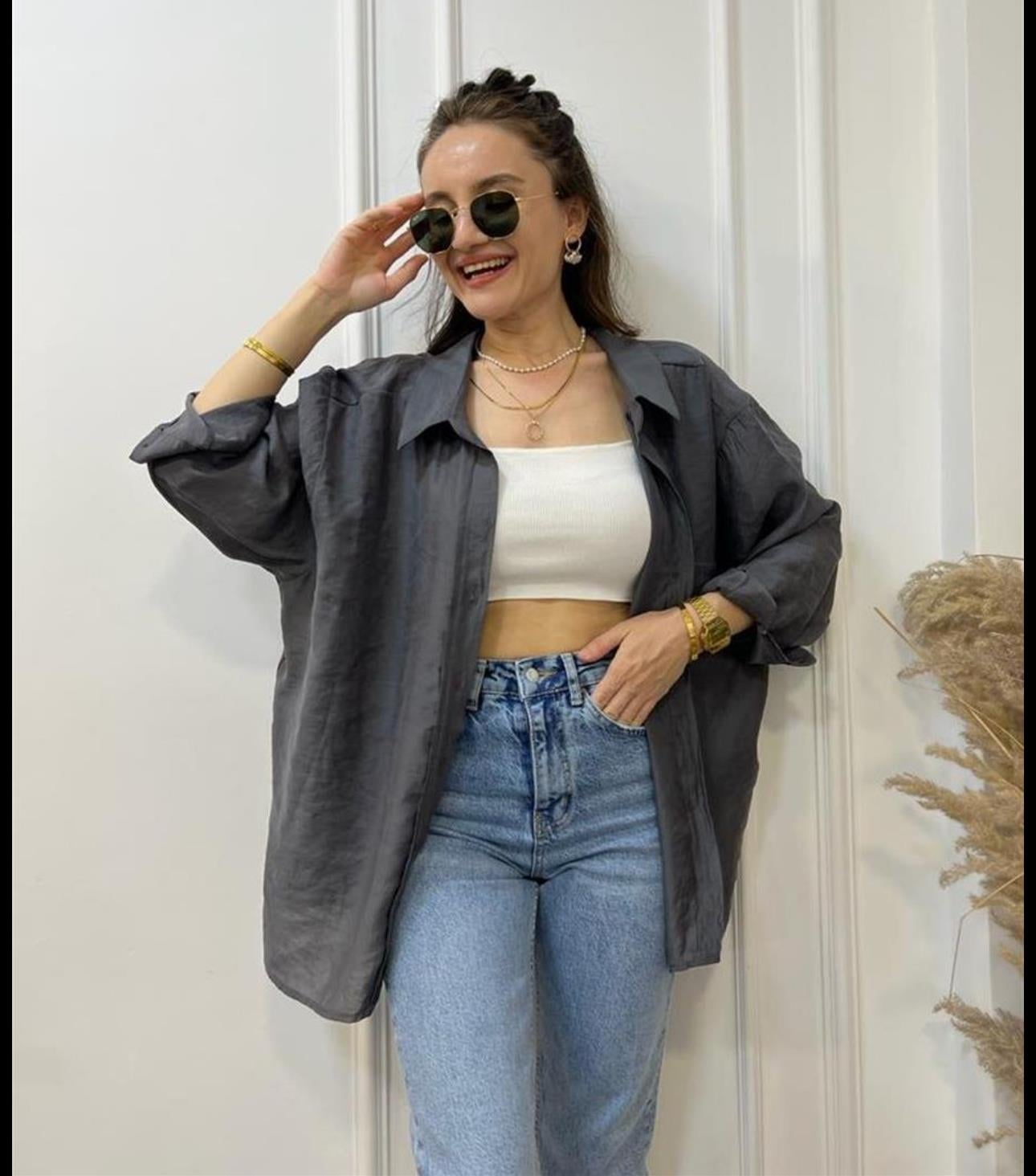 Antrasit Lüx Kalite Oversize Gömlek 4612