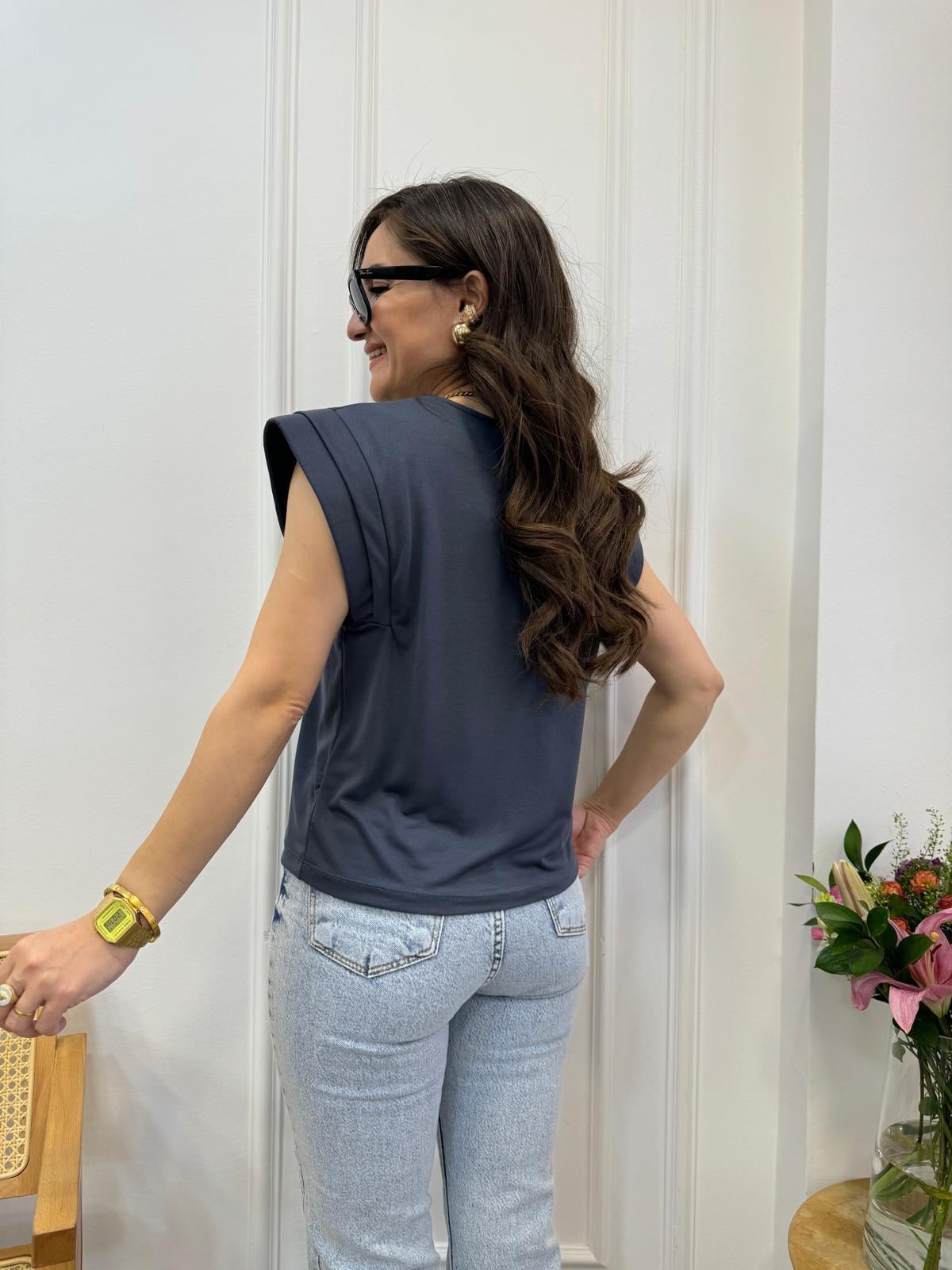 Antrasit Modal Kumaş Omuz Detaylı Tişört 71261