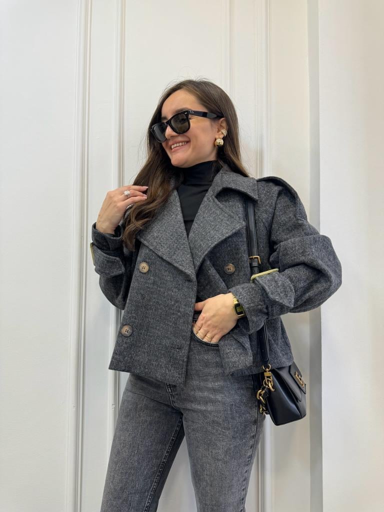 Antrasit Omuz Detaylı Oversize Kruvaze Yaka Kaşe Kaban 7129