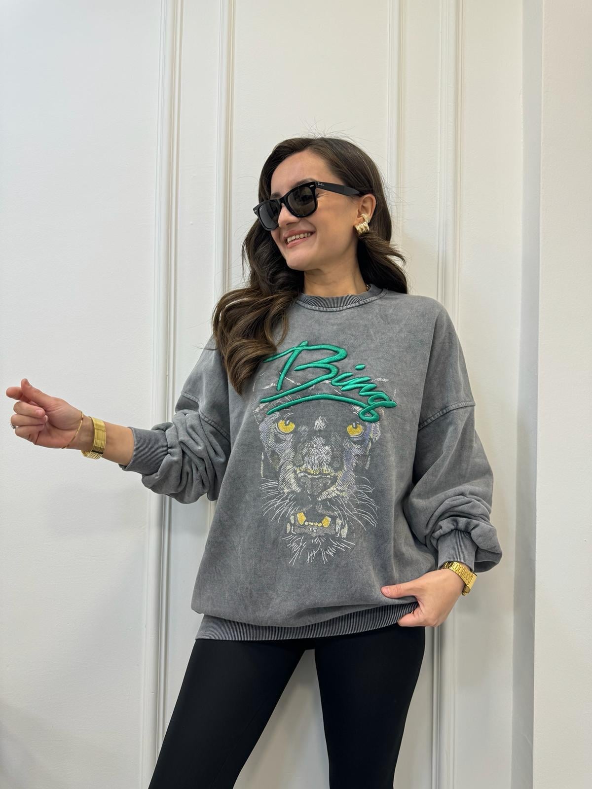 Antrasit Önü Renkli Aslan Baskılı Sweatshirt 0070