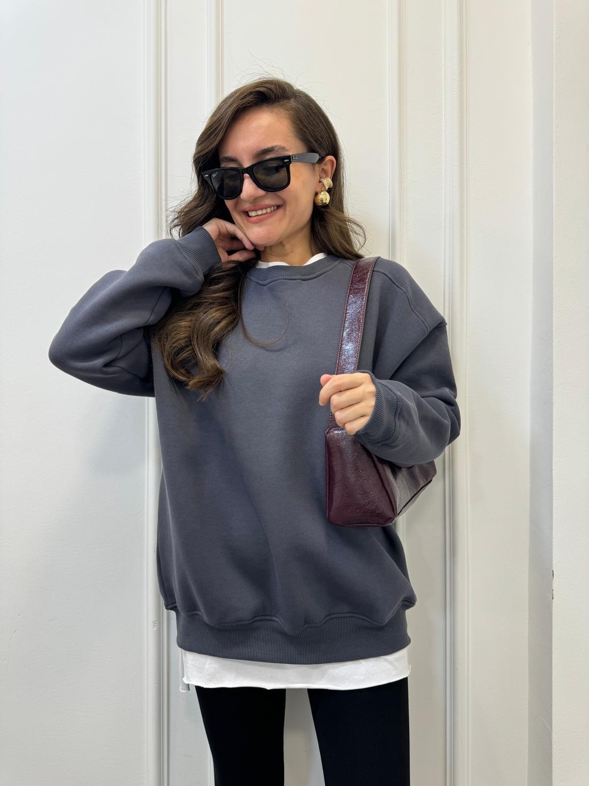 Antrasit Oversize Bisiklet Yaka Sweatshırt 7912