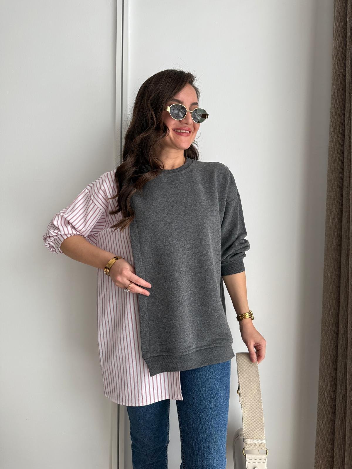 Antrasit Poplin Detay Çizgili Tasarım Sweatshırt 1346
