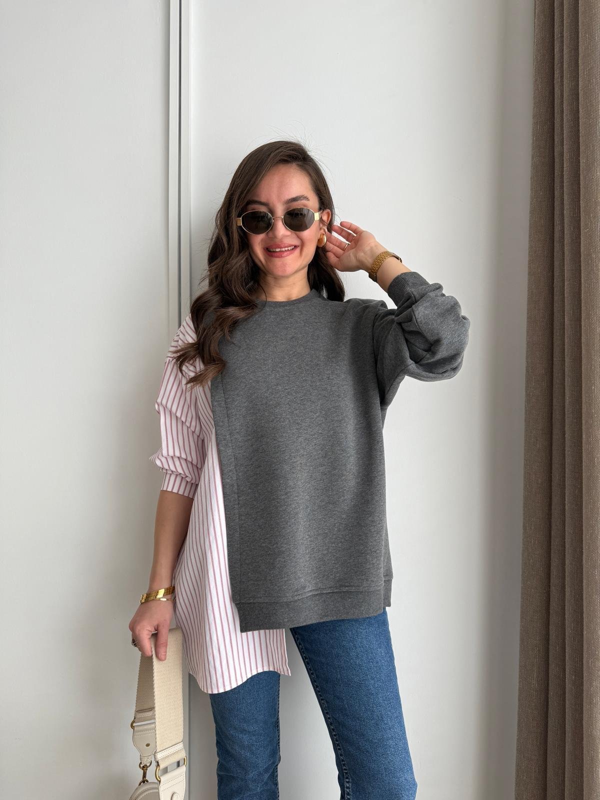 Antrasit Poplin Detay Çizgili Tasarım Sweatshırt 1346