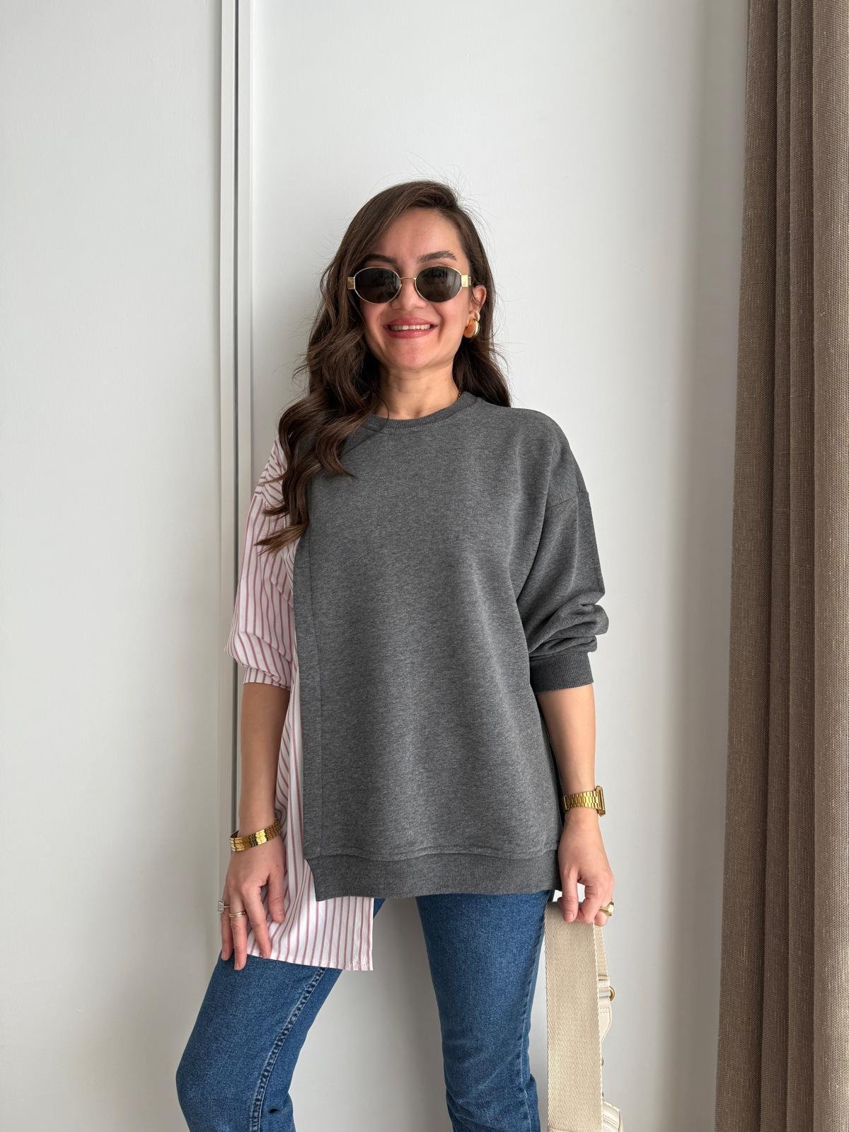 Antrasit Poplin Detay Çizgili Tasarım Sweatshırt 1346