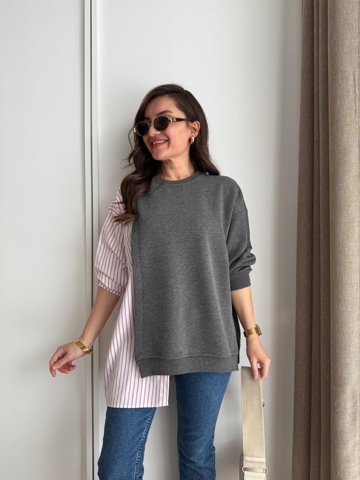 Antrasit Poplin Detay Çizgili Tasarım Sweatshırt 1346
