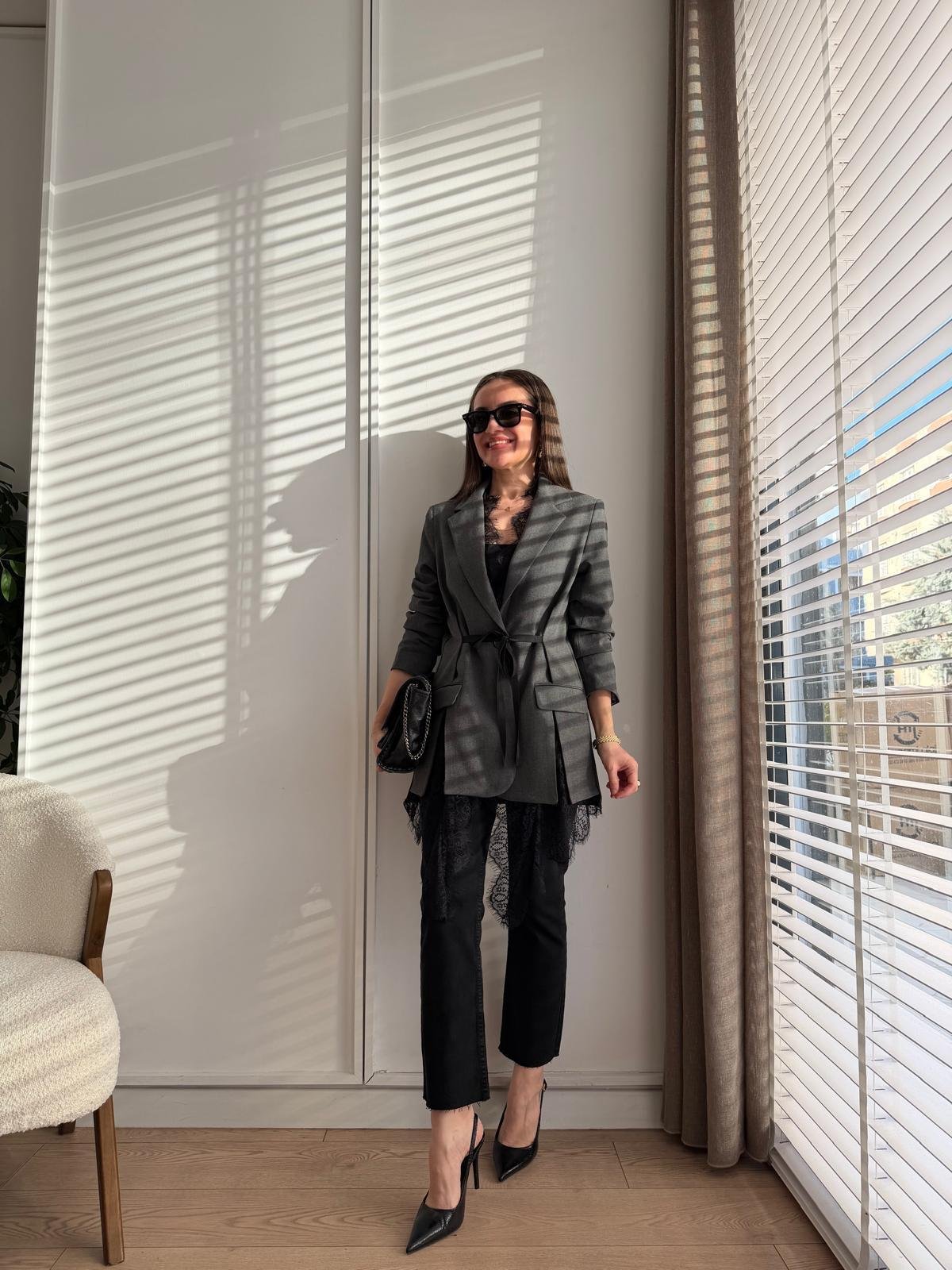 Antrasit Premium Dantel Detaylı Blazer Ceket 2781