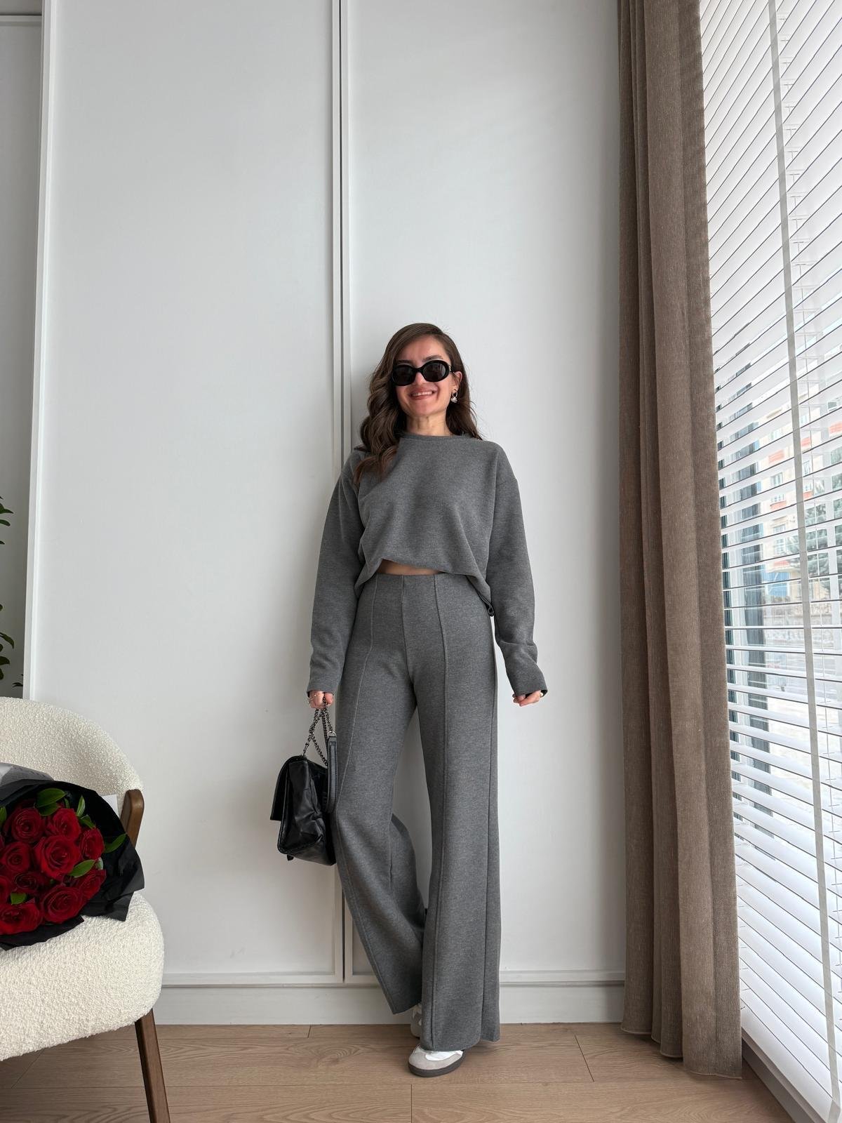 Antrasit Selanik Kumaş Dikiş Detaylı Pantolon Sweet Takım 251002